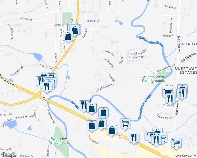 map of restaurants, bars, coffee shops, grocery stores, and more near 1792 Gold Finch Way in Austell