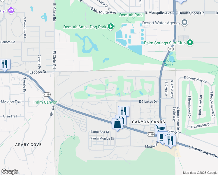 map of restaurants, bars, coffee shops, grocery stores, and more near 101 Westlake Circle in Palm Springs
