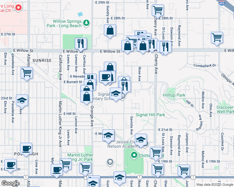 map of restaurants, bars, coffee shops, grocery stores, and more near 1509 23rd Street in Signal Hill
