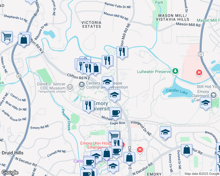 map of restaurants, bars, coffee shops, grocery stores, and more near 1585 Clifton Road Northeast in Atlanta