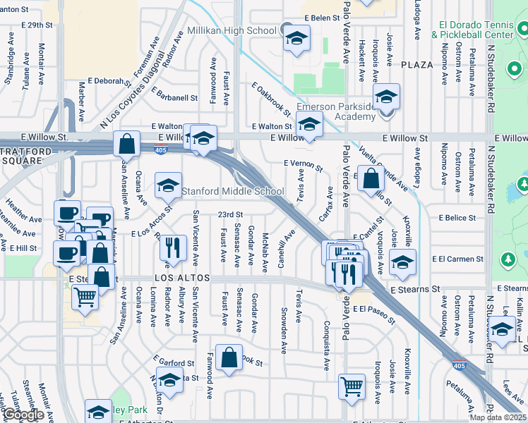 map of restaurants, bars, coffee shops, grocery stores, and more near 6135 23rd Street in Long Beach
