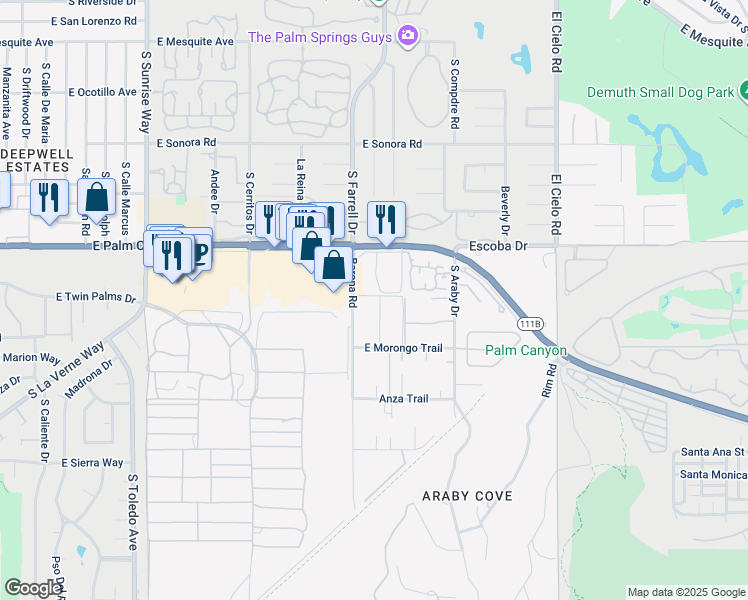 map of restaurants, bars, coffee shops, grocery stores, and more near 1807 Sandcliff Road in Palm Springs