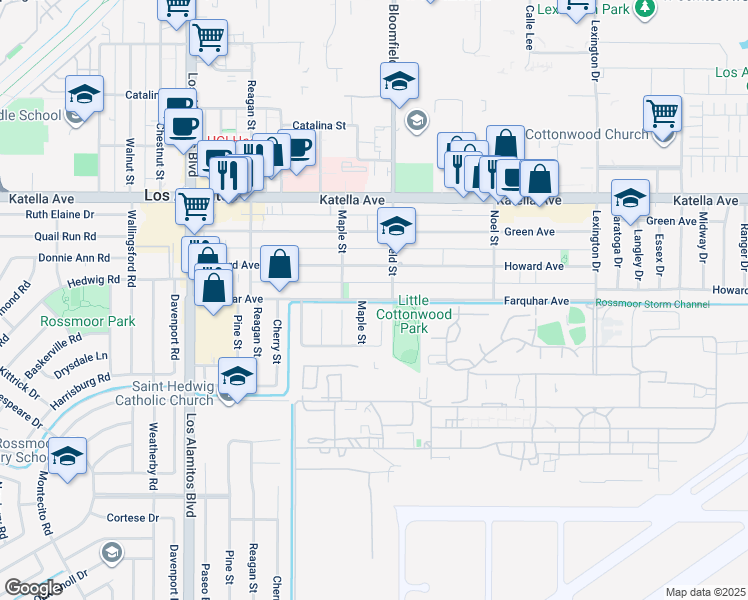 map of restaurants, bars, coffee shops, grocery stores, and more near 985 Farquhar Avenue in Los Alamitos