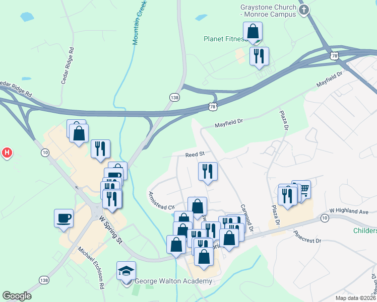 map of restaurants, bars, coffee shops, grocery stores, and more near 714 Reed Street in Monroe