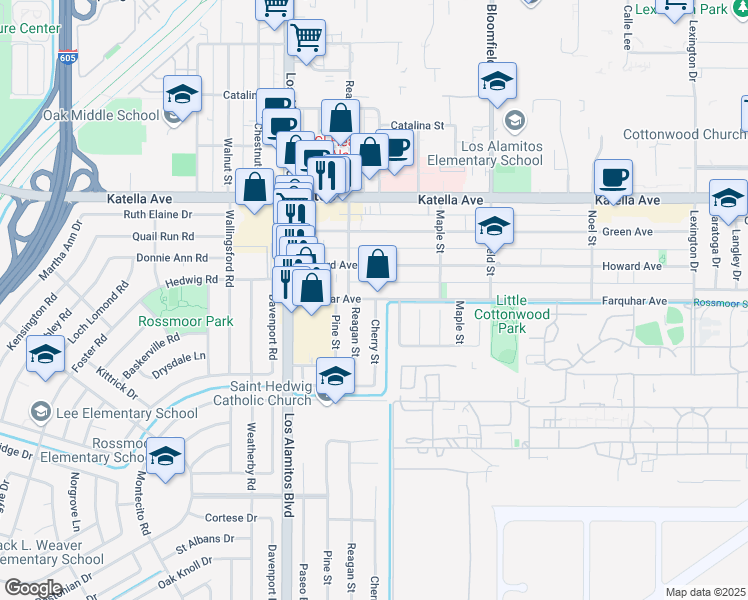 map of restaurants, bars, coffee shops, grocery stores, and more near 3709 Farquhar Ave in Los Alamitos