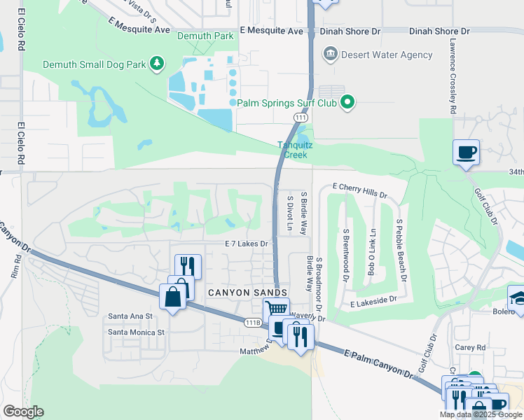 map of restaurants, bars, coffee shops, grocery stores, and more near 300 Desert Lakes Drive in Palm Springs