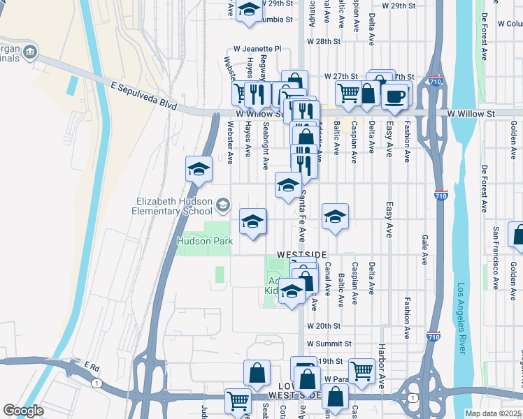map of restaurants, bars, coffee shops, grocery stores, and more near 2325 Seabright Avenue in Long Beach