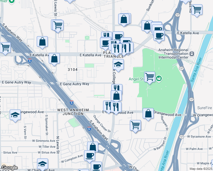 map of restaurants, bars, coffee shops, grocery stores, and more near 1910 East Gene Autry Way in Anaheim