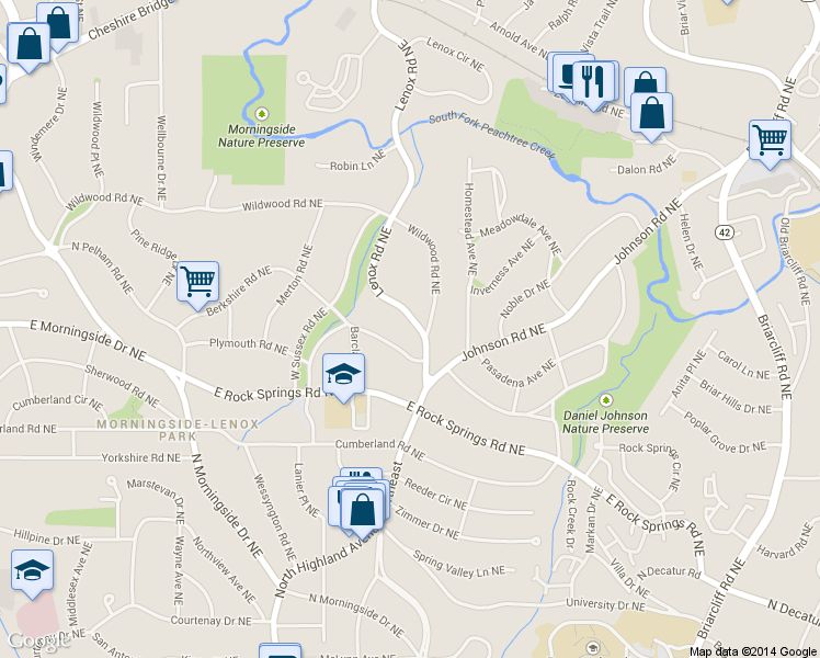 map of restaurants, bars, coffee shops, grocery stores, and more near 1634 Lenox Road Northeast in Atlanta