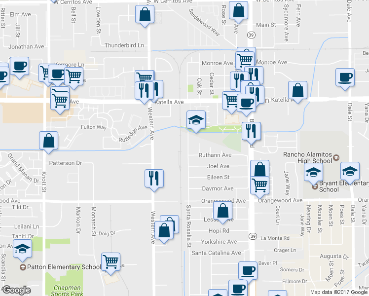 map of restaurants, bars, coffee shops, grocery stores, and more near 11221 Santa Rosalia Street in Stanton