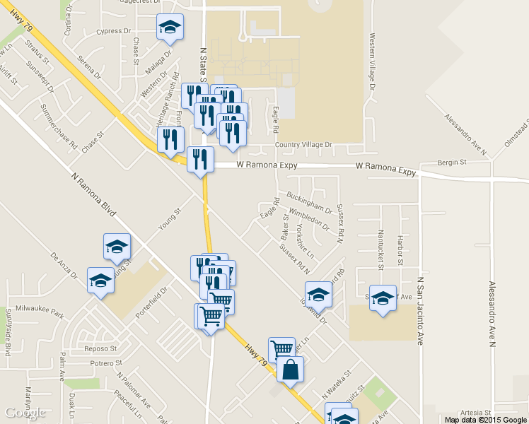 map of restaurants, bars, coffee shops, grocery stores, and more near 580 Wimbledon Drive in San Jacinto