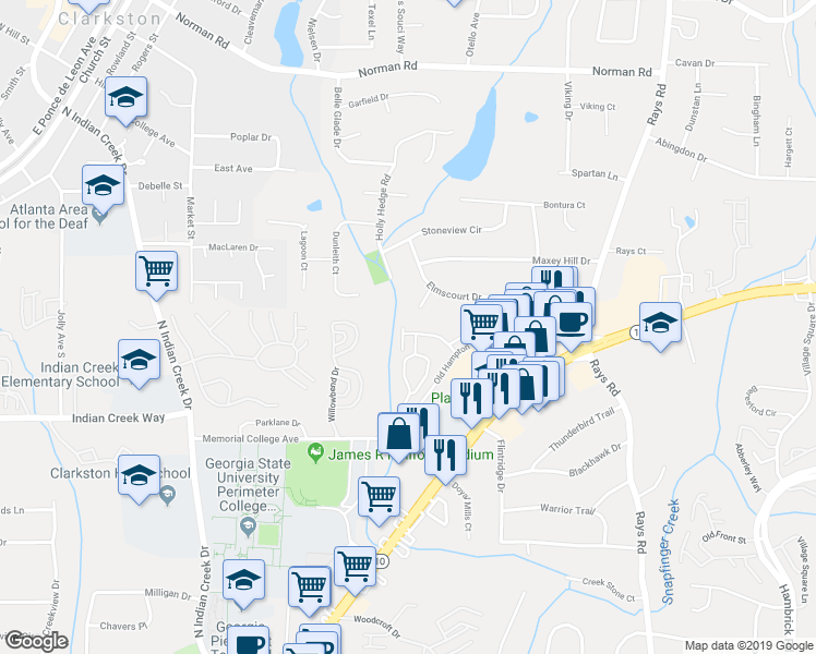 map of restaurants, bars, coffee shops, grocery stores, and more near 6748 Baynes Hill Drive in Clarkston