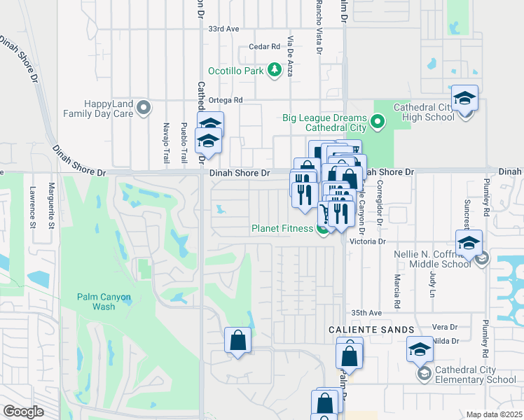 map of restaurants, bars, coffee shops, grocery stores, and more near 154 Hilligoss Drive in Cathedral City
