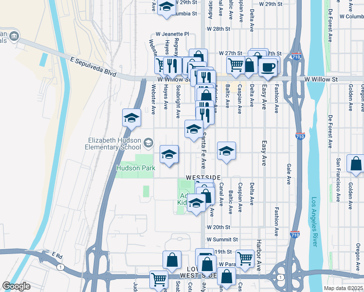 map of restaurants, bars, coffee shops, grocery stores, and more near 2325 Seabright Avenue in Long Beach
