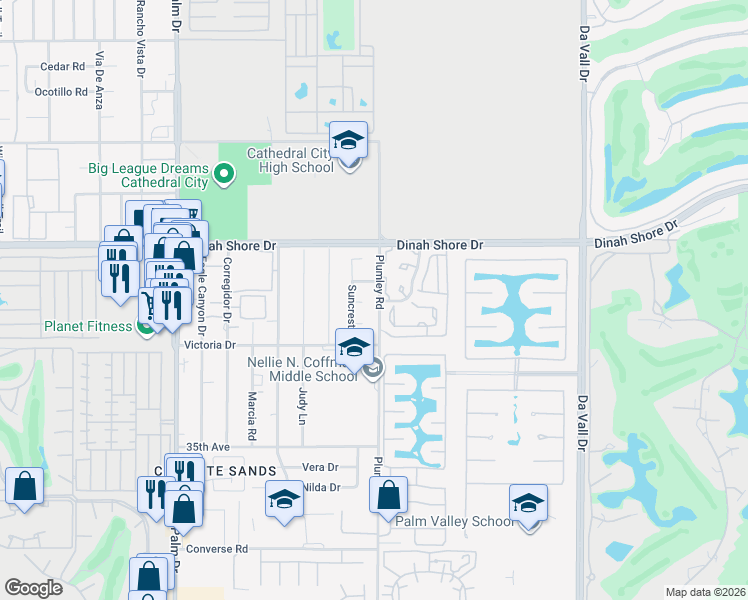 map of restaurants, bars, coffee shops, grocery stores, and more near 34275 Plumley Road in Cathedral City