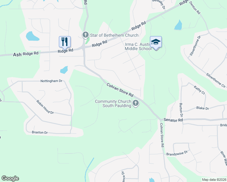 map of restaurants, bars, coffee shops, grocery stores, and more near 446 Cohran Store Road in Douglasville