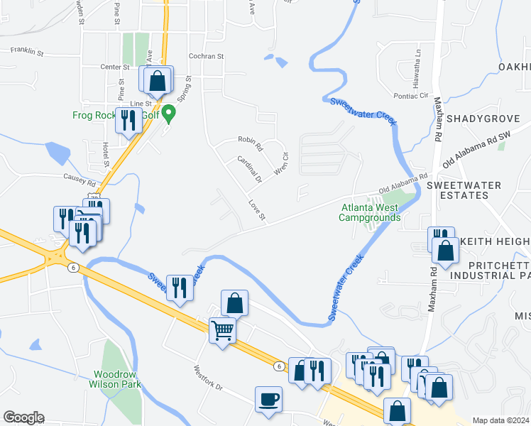 map of restaurants, bars, coffee shops, grocery stores, and more near 6276 Love Street in Austell