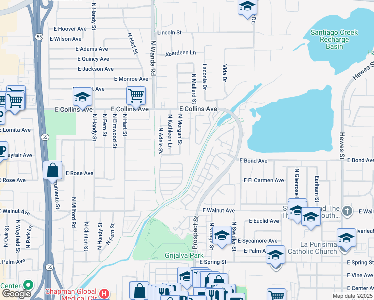 map of restaurants, bars, coffee shops, grocery stores, and more near 740 North Mallard Street in Orange