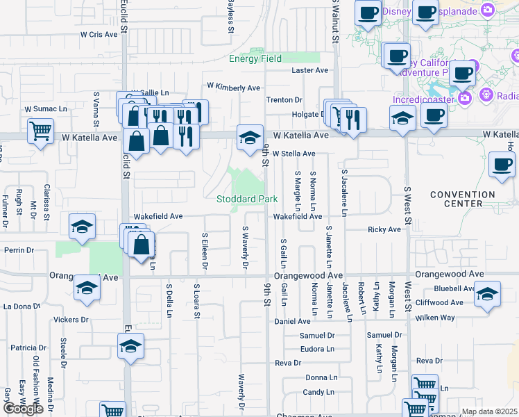 map of restaurants, bars, coffee shops, grocery stores, and more near 1505 West Wakefield Avenue in Anaheim