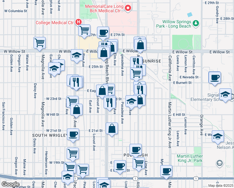 map of restaurants, bars, coffee shops, grocery stores, and more near 2324 Elm Avenue in Long Beach