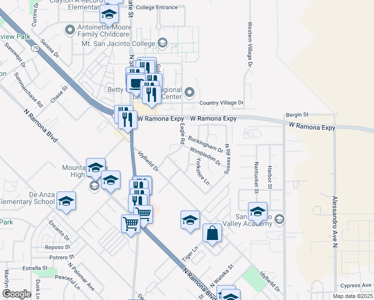 map of restaurants, bars, coffee shops, grocery stores, and more near 990 Baker Street in San Jacinto