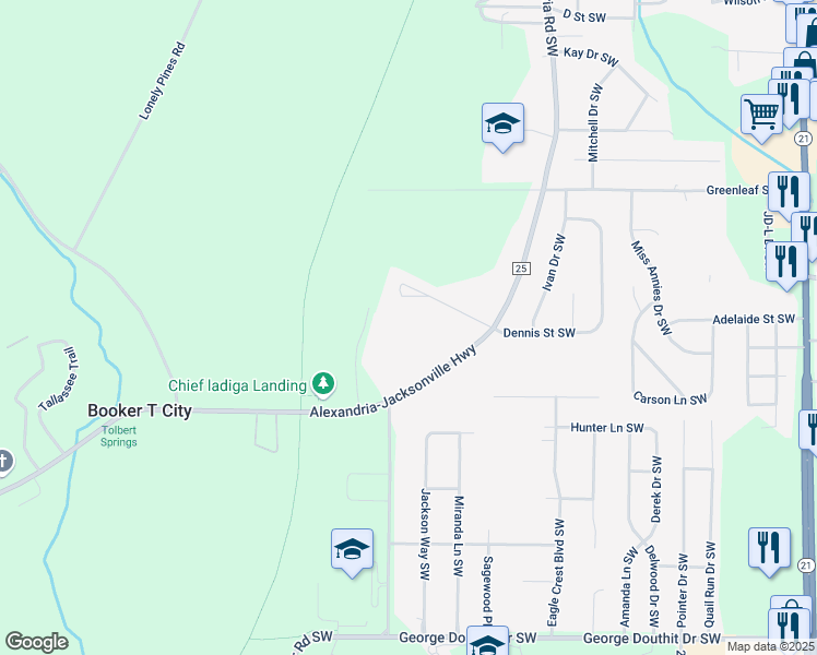map of restaurants, bars, coffee shops, grocery stores, and more near 1007 Alexandria Road Southwest in Jacksonville