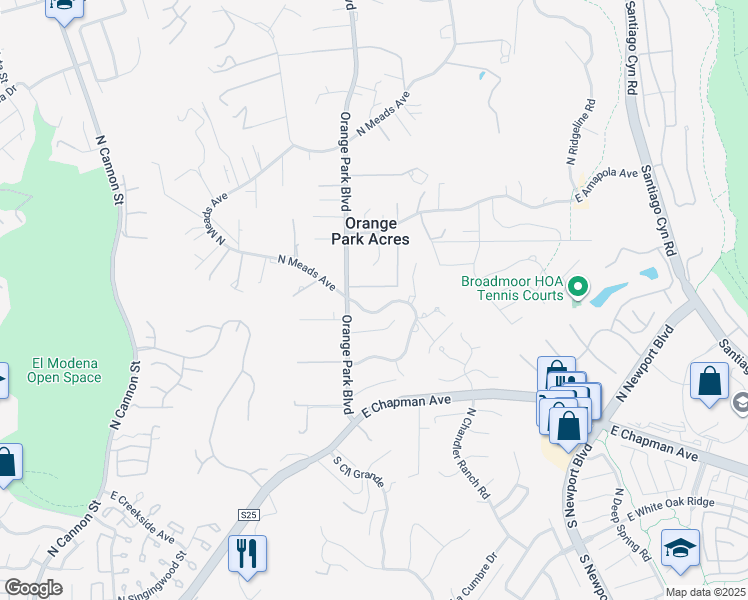 map of restaurants, bars, coffee shops, grocery stores, and more near 6805 East Horseshoe Road in Orange