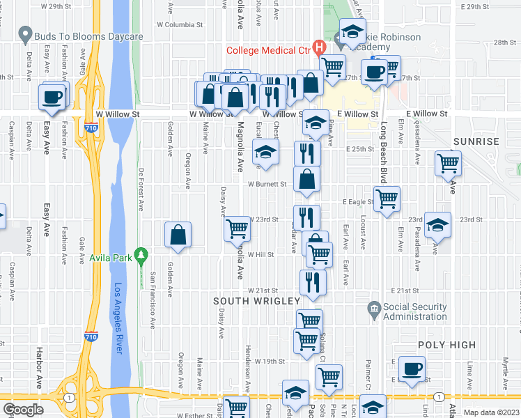 map of restaurants, bars, coffee shops, grocery stores, and more near 2322 Eucalyptus Avenue in Long Beach