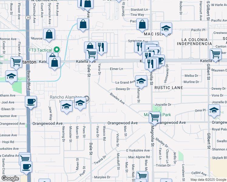 map of restaurants, bars, coffee shops, grocery stores, and more near 8692 Dewey Drive in Garden Grove