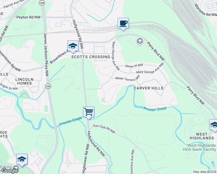 map of restaurants, bars, coffee shops, grocery stores, and more near 2383 Arno Court Northwest in Atlanta