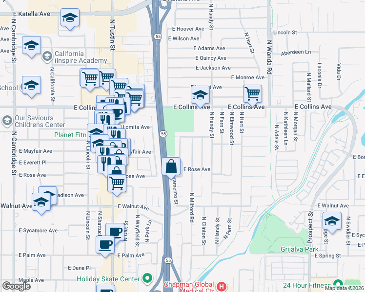 map of restaurants, bars, coffee shops, grocery stores, and more near 2226 East Mayfair Avenue in Orange