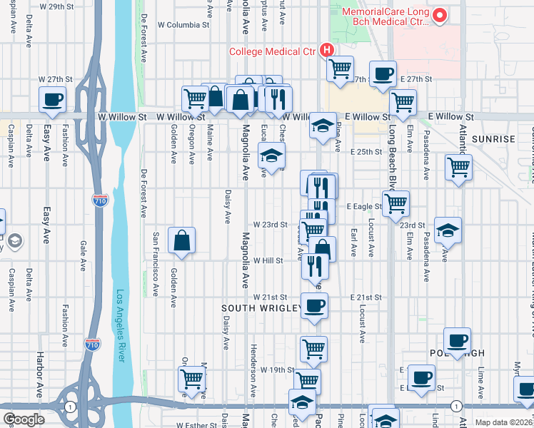 map of restaurants, bars, coffee shops, grocery stores, and more near 2322 Eucalyptus Avenue in Long Beach