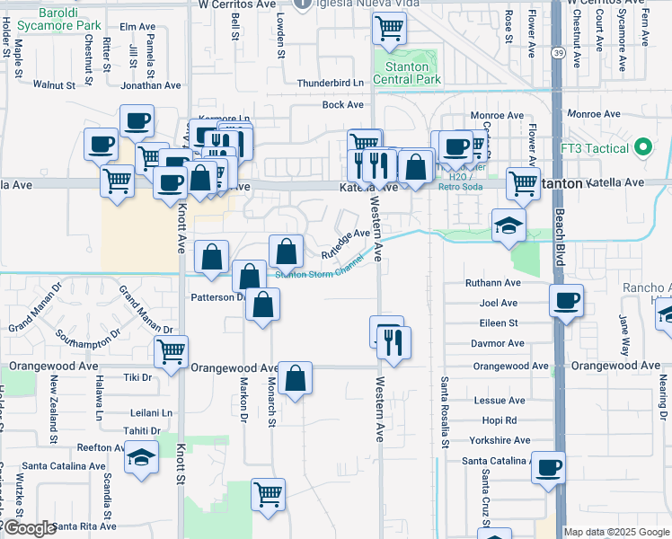 map of restaurants, bars, coffee shops, grocery stores, and more near 11239 Dover Way in Stanton