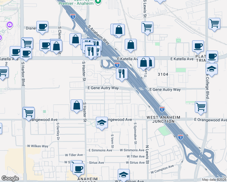 map of restaurants, bars, coffee shops, grocery stores, and more near 331 East Wakefield Avenue in Anaheim