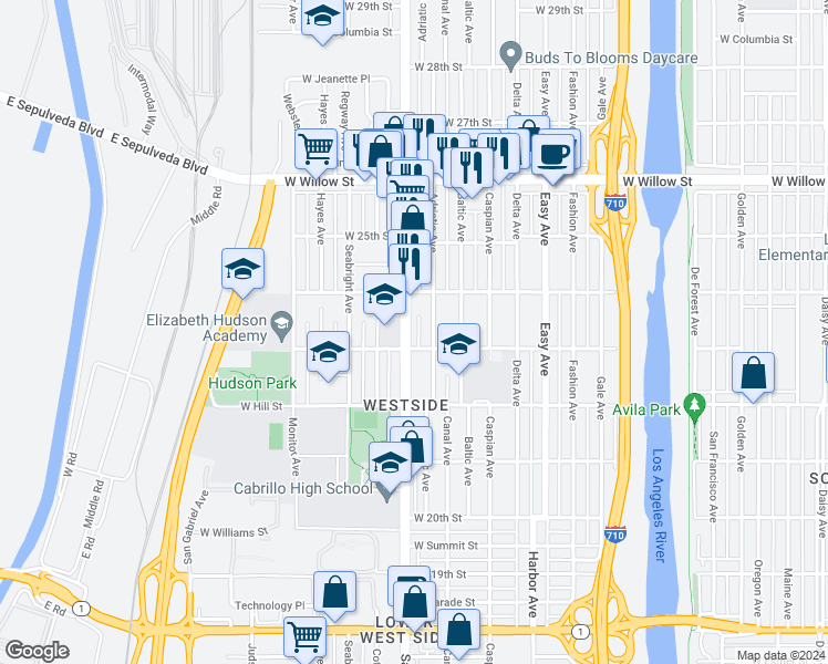 map of restaurants, bars, coffee shops, grocery stores, and more near 2326 Santa Fe Avenue in Long Beach