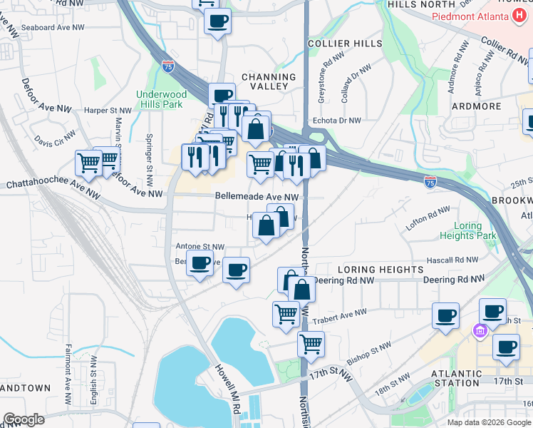 map of restaurants, bars, coffee shops, grocery stores, and more near 677 Holmes Street Northwest in Atlanta
