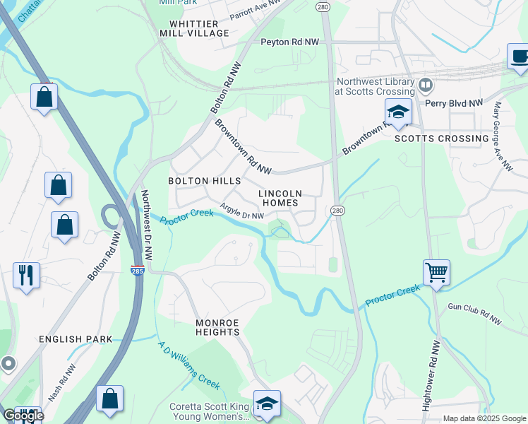 map of restaurants, bars, coffee shops, grocery stores, and more near 2805 Cardo Drive Northwest in Atlanta