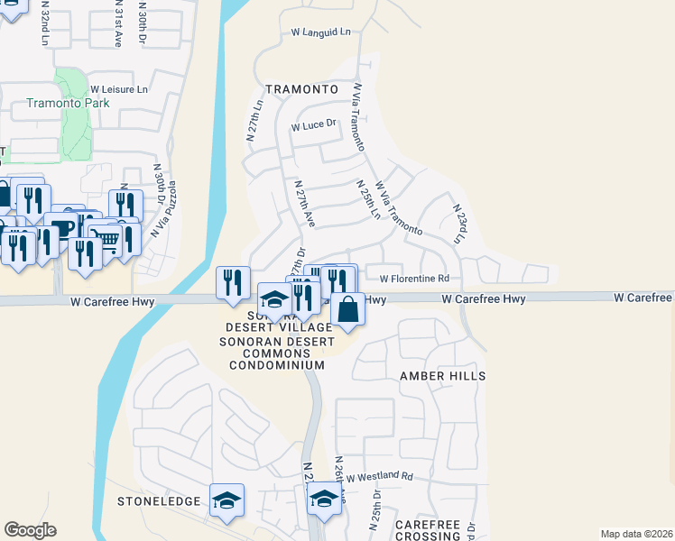 map of restaurants, bars, coffee shops, grocery stores, and more near 34715 North 26th Drive in Phoenix
