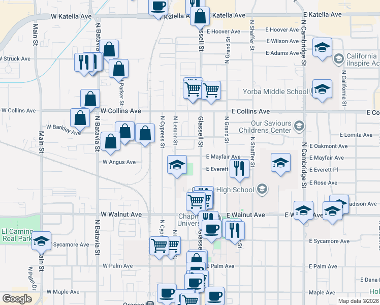 map of restaurants, bars, coffee shops, grocery stores, and more near 736 North Glassell Street in Orange