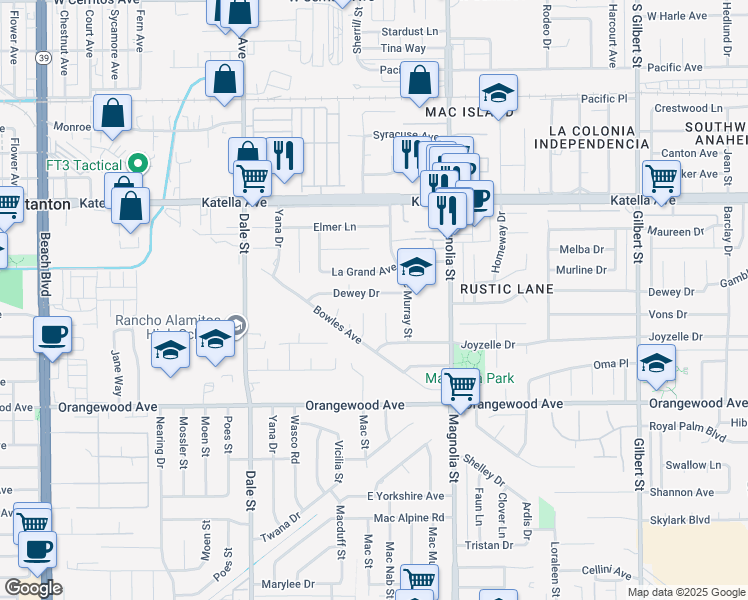 map of restaurants, bars, coffee shops, grocery stores, and more near 8772 Dewey Drive in Garden Grove