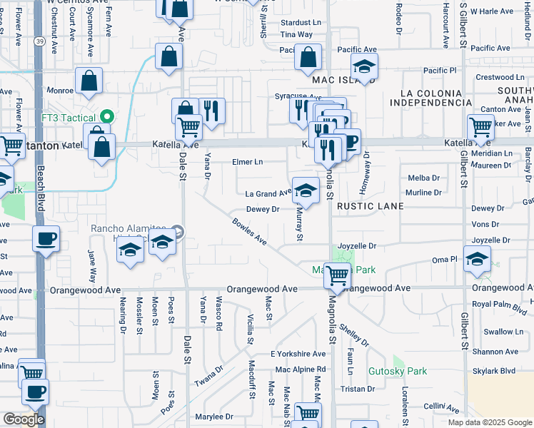 map of restaurants, bars, coffee shops, grocery stores, and more near 8772 Dewey Drive in Garden Grove