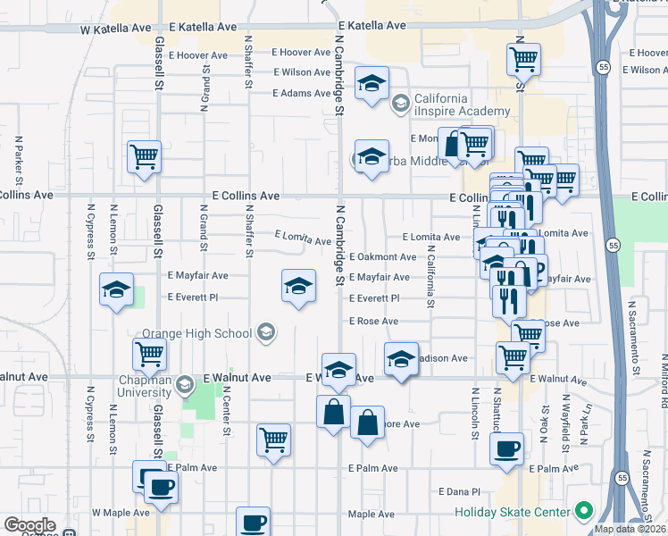 map of restaurants, bars, coffee shops, grocery stores, and more near 746 North Cambridge Street in Orange