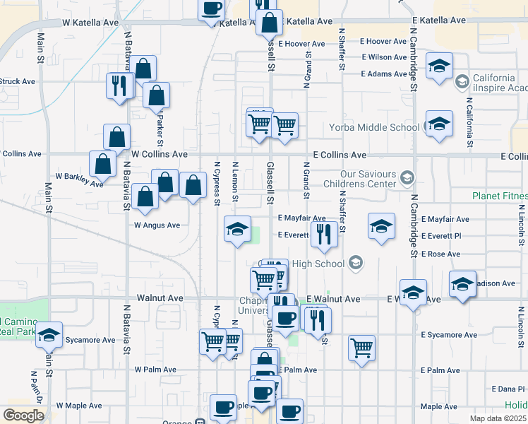 map of restaurants, bars, coffee shops, grocery stores, and more near 736 North Glassell Street in Orange