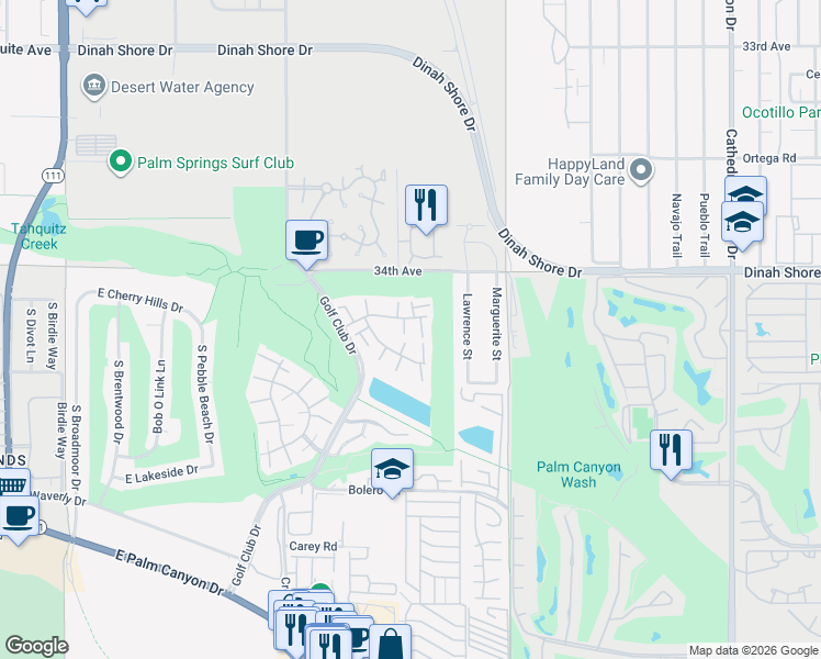 map of restaurants, bars, coffee shops, grocery stores, and more near 6105 Montecito Drive in Palm Springs