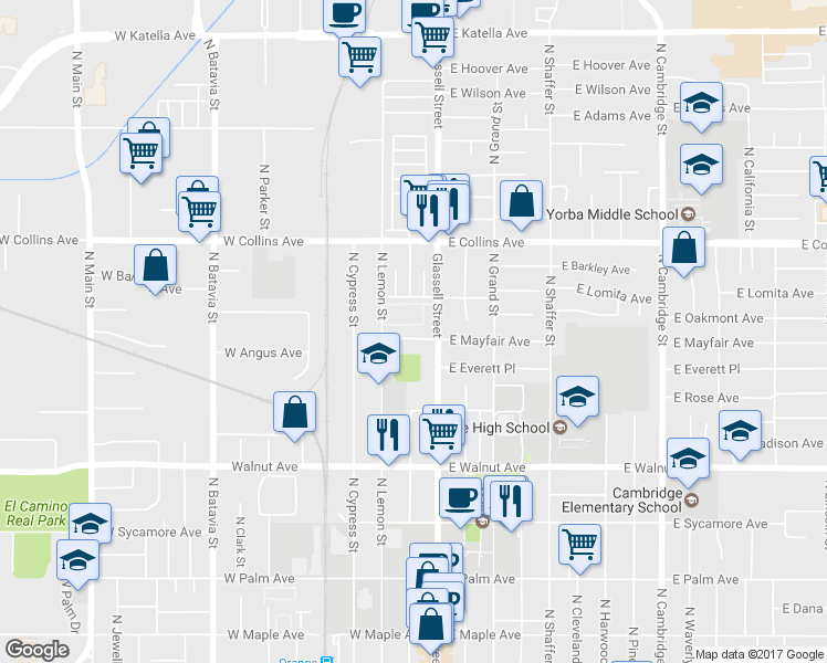 map of restaurants, bars, coffee shops, grocery stores, and more near 145 West Mayfair Avenue in Orange