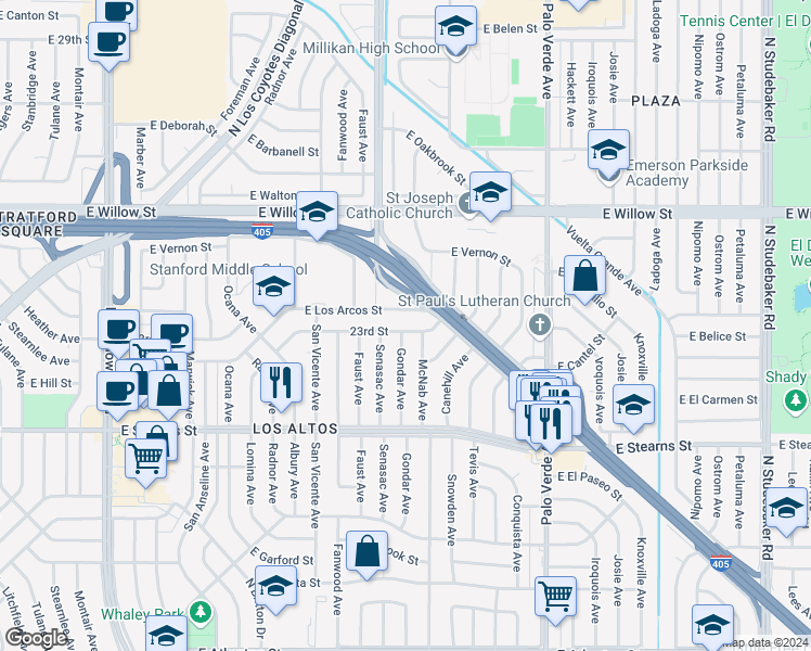 map of restaurants, bars, coffee shops, grocery stores, and more near 6101 23rd Street in Long Beach