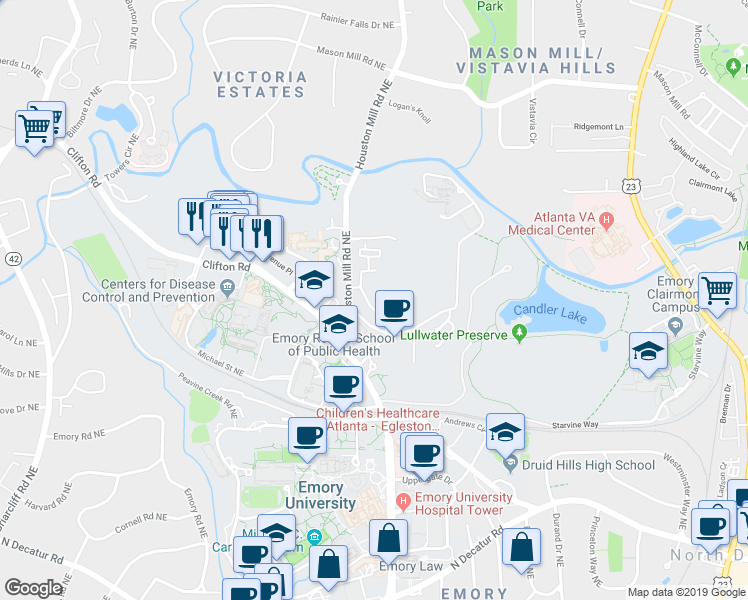 map of restaurants, bars, coffee shops, grocery stores, and more near 785 Houston Mill Road Northeast in Atlanta