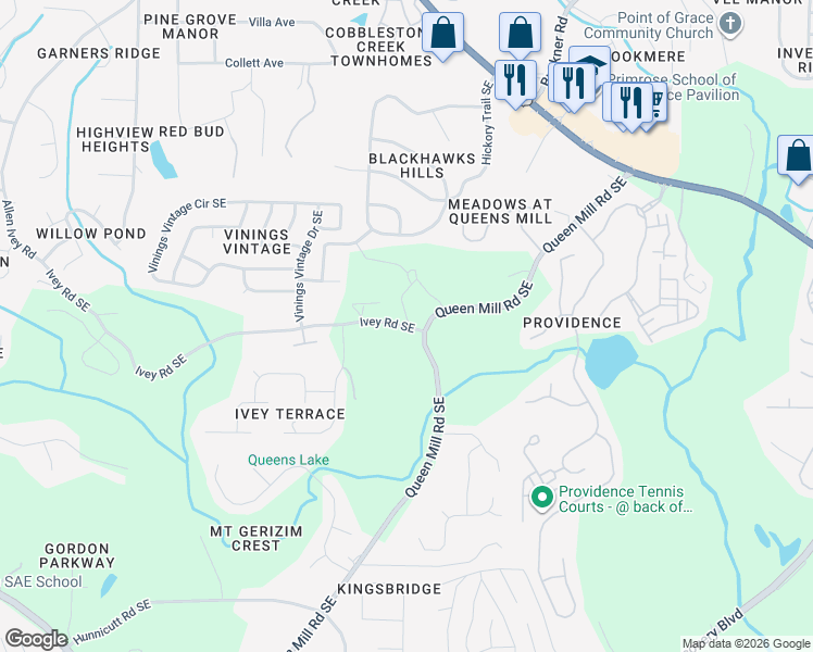 map of restaurants, bars, coffee shops, grocery stores, and more near 6435 Ivey Road Southeast in Mableton