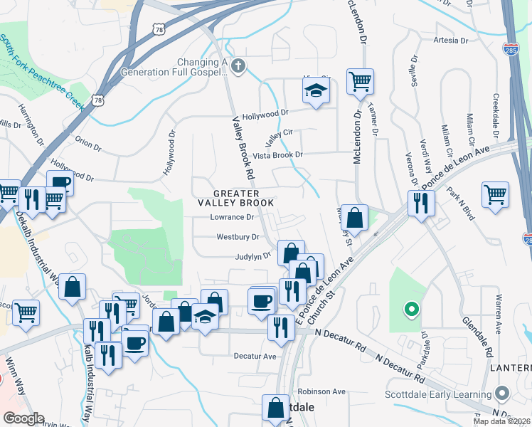 map of restaurants, bars, coffee shops, grocery stores, and more near 741 Valley Brook Road in Decatur