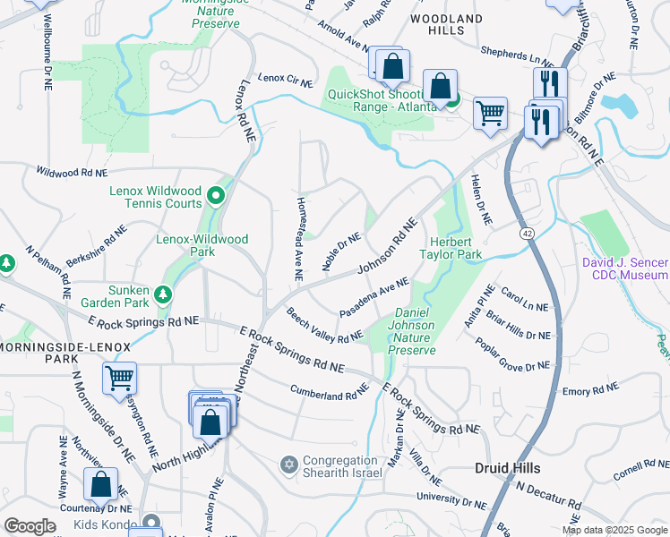 map of restaurants, bars, coffee shops, grocery stores, and more near 1666 Johnson Road Northeast in Atlanta